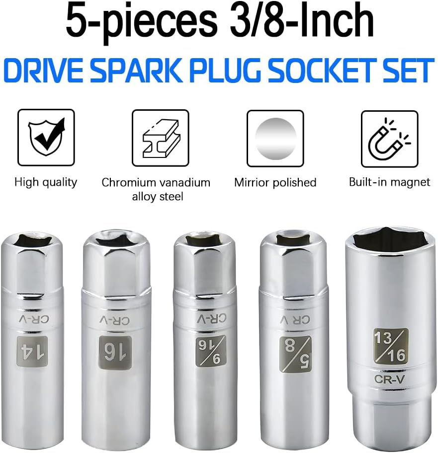 5PCS Magnetic Spark Plug Socket Set Includes 14mm 16mm Thin Wall Socket and 9/16-inch 5/8-inch and 13/16-inch Sockets 3/8-inch Drive Magnet Retains Spark Plugs