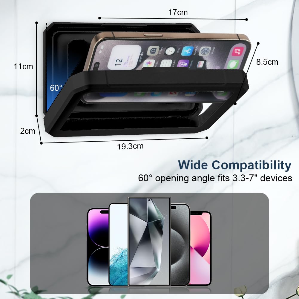 HOTUT Support de Téléphone de Douche Étanche, Étui Téléphone Mural Rotation à 360°, Support Universel pour Douche Salle de Bain Cuisine pour Moins 7" Phone, Écran Tactile Haute Définition - Noir