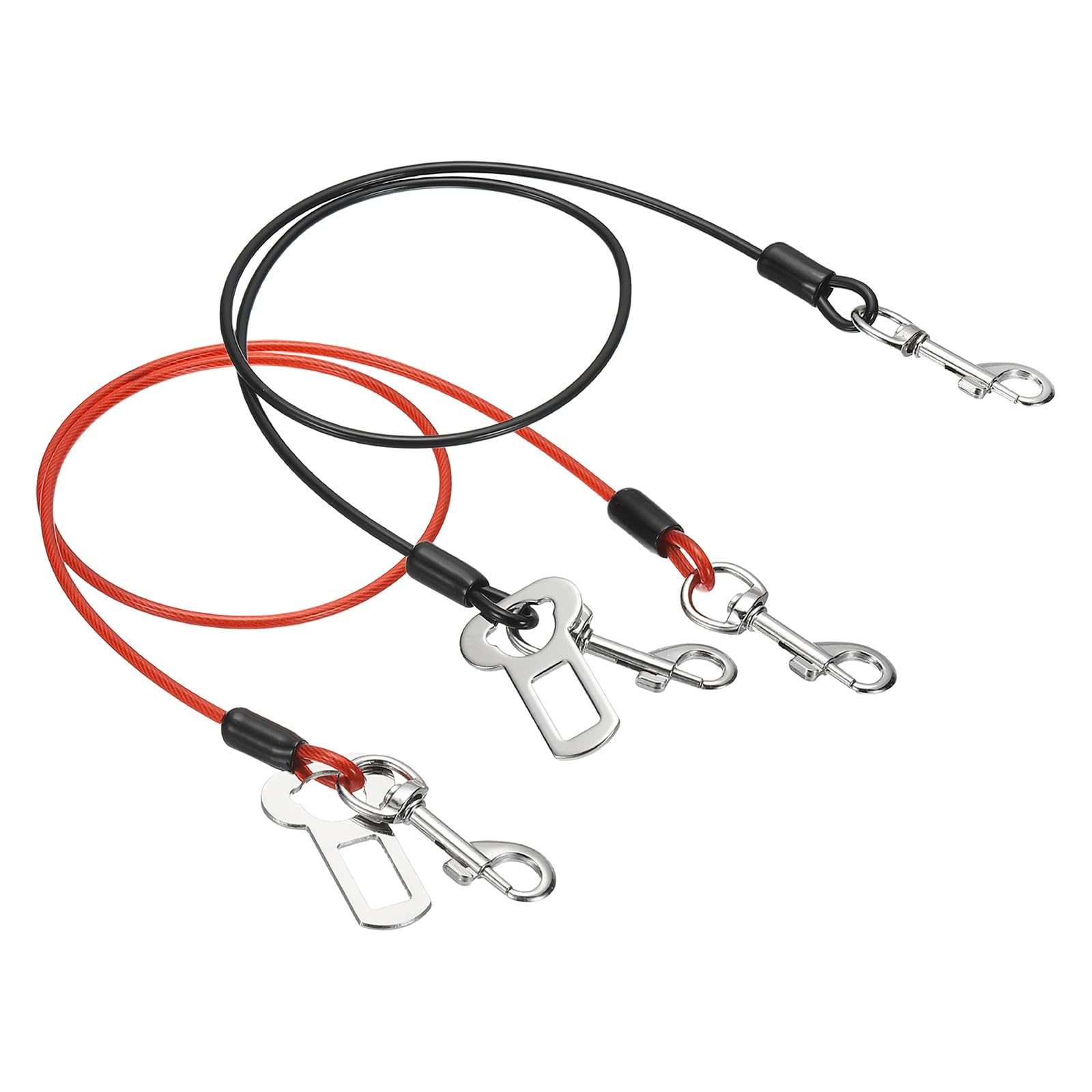 PATIKIL Chew Proof Dog Leash, 31 in Dog Seat Belt Harness with Double Clips Leash Extender Steel Braided Vehicle Tether, (Black/Red, 2 Pcs), Intended for Pet Walking/Training