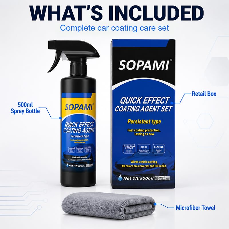 Sopami Spray de revestimiento de coche, agente de revestimiento de efecto rápido, capa rápida de cera de coche, spray de cera para arañazos de coche, lavado sin agua, limpiador de vidrio de emulsión