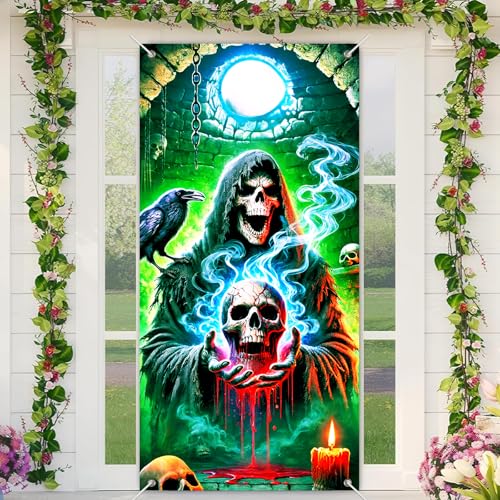 Image of BlissYard Halloween Door Cover Skull Skeleton 35x71 Inch Polyester | Door Banner, Wall Hanging | Skeleton Entry Decor, Skull Party Backdrop | Porch, Hallway, Photo Area (Gothic Art)