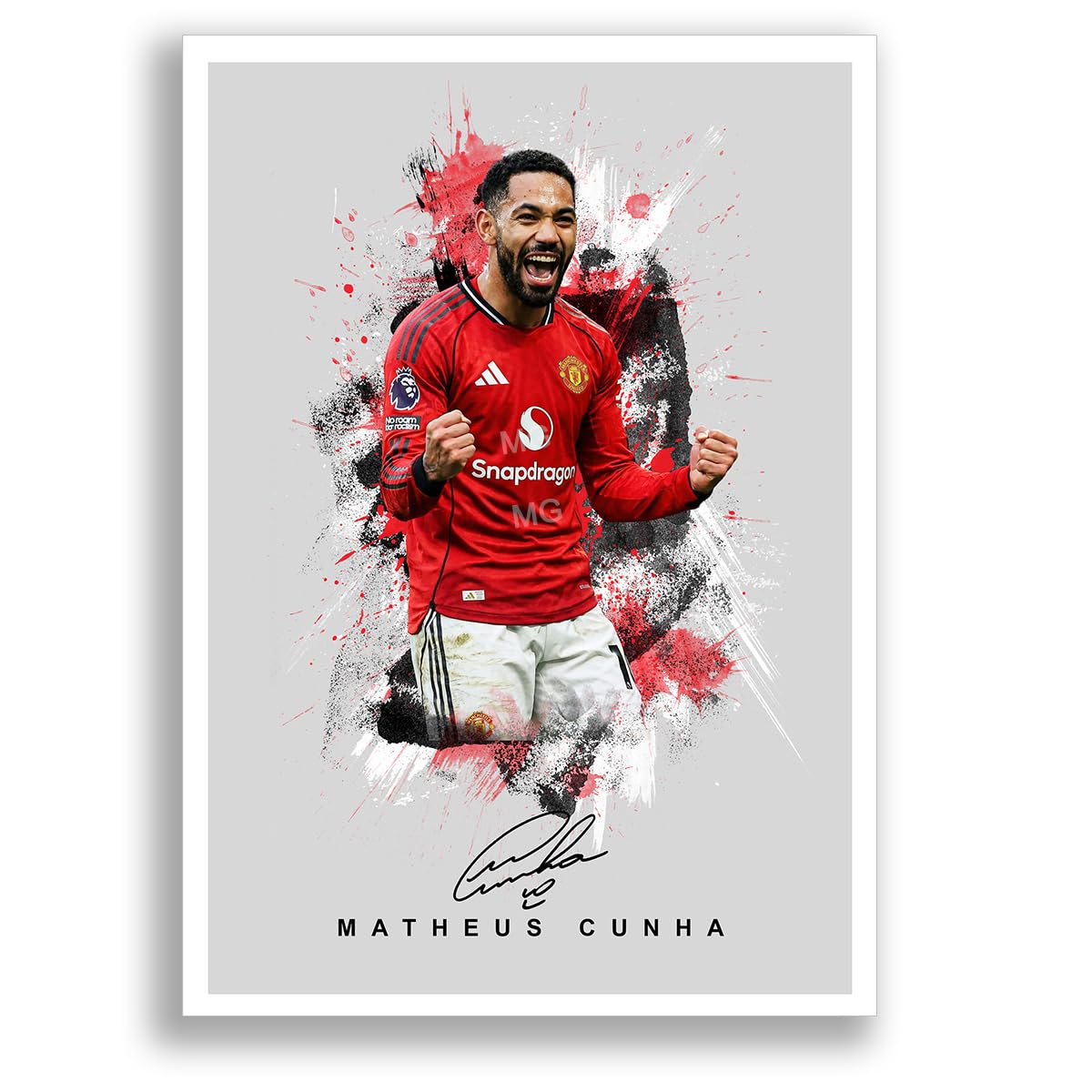 Matheus Cunha Manchester United Signed Photo Poster Print Picture Display Framed Autograph Memorabilia for Football Fans Gift Man Utd Brazil (A4 poster Only Grey)