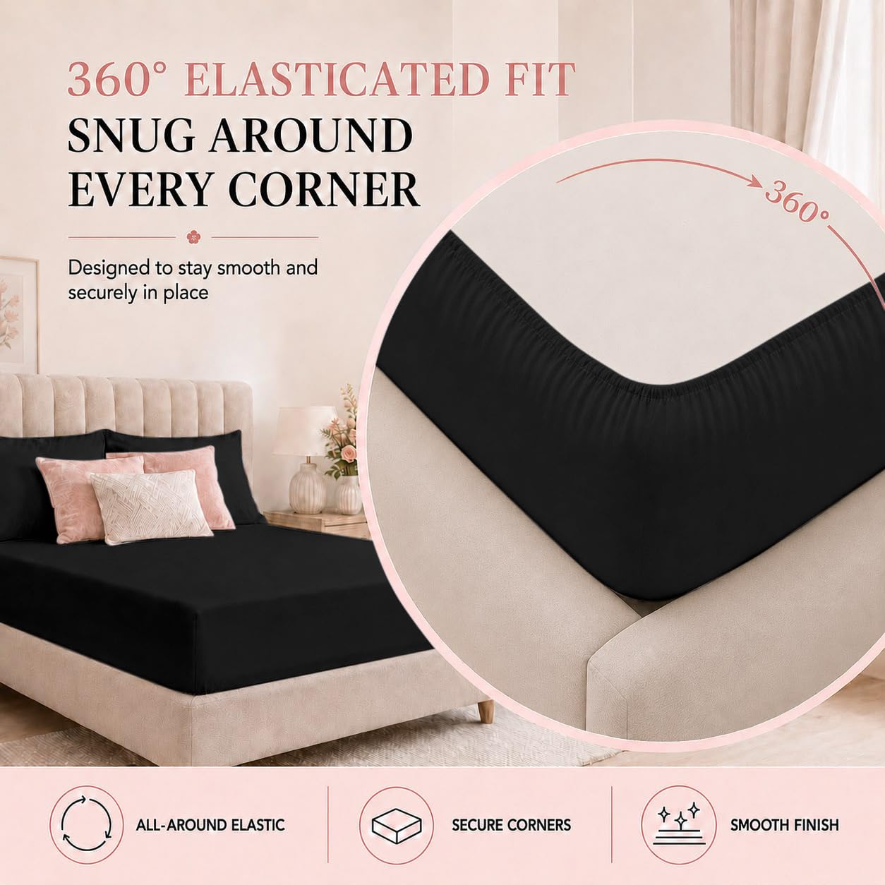2 Pack King Microfibre Fitted Sheets 30cm Deep Bed Sheets, Black - Image 3