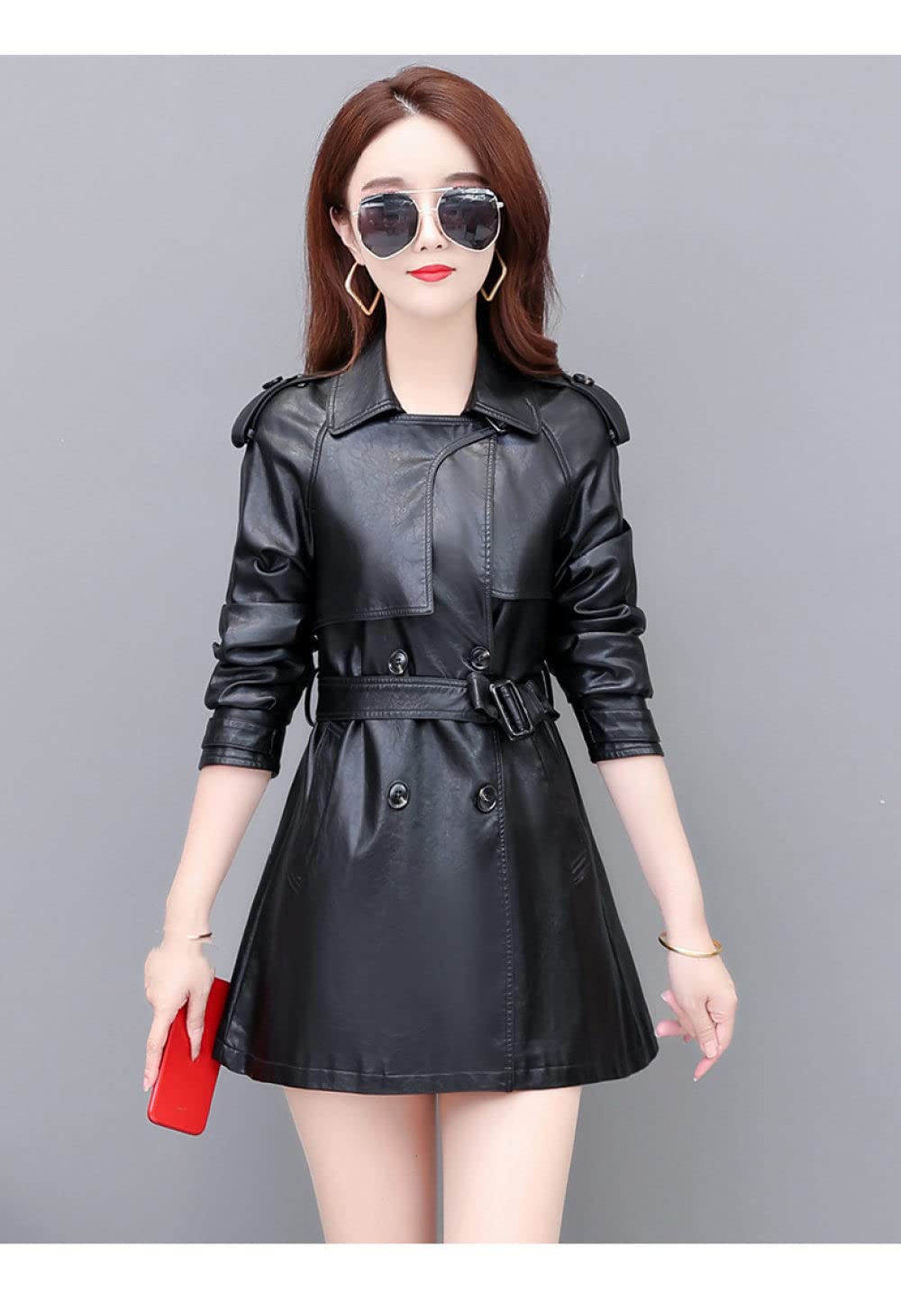 Chaqueta Moto Mujer,Gabardina Corta De Piel Sintética Para Mujer Chaqueta Panel De Solapa Negra Cinturón De Doble Botón Elegante Manga Larga Slim Fit Moto Biker Pu Abrigo Bombardero Motocicleta O