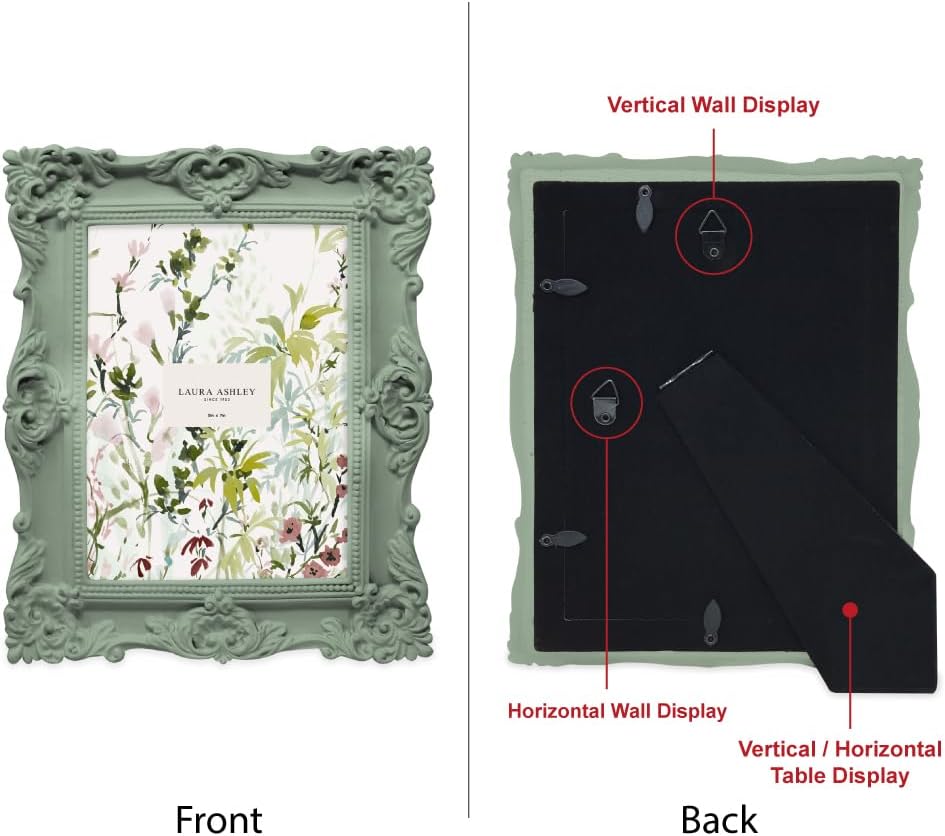 Laura Ashley 8x10 White Ornate Textured Hand-Crafted Resin Picture Frame with Easel & Hook for Tabletop & Wall Display, Decorative Floral Design Home Décor, Photo Gallery, Art, More (8x10, White)