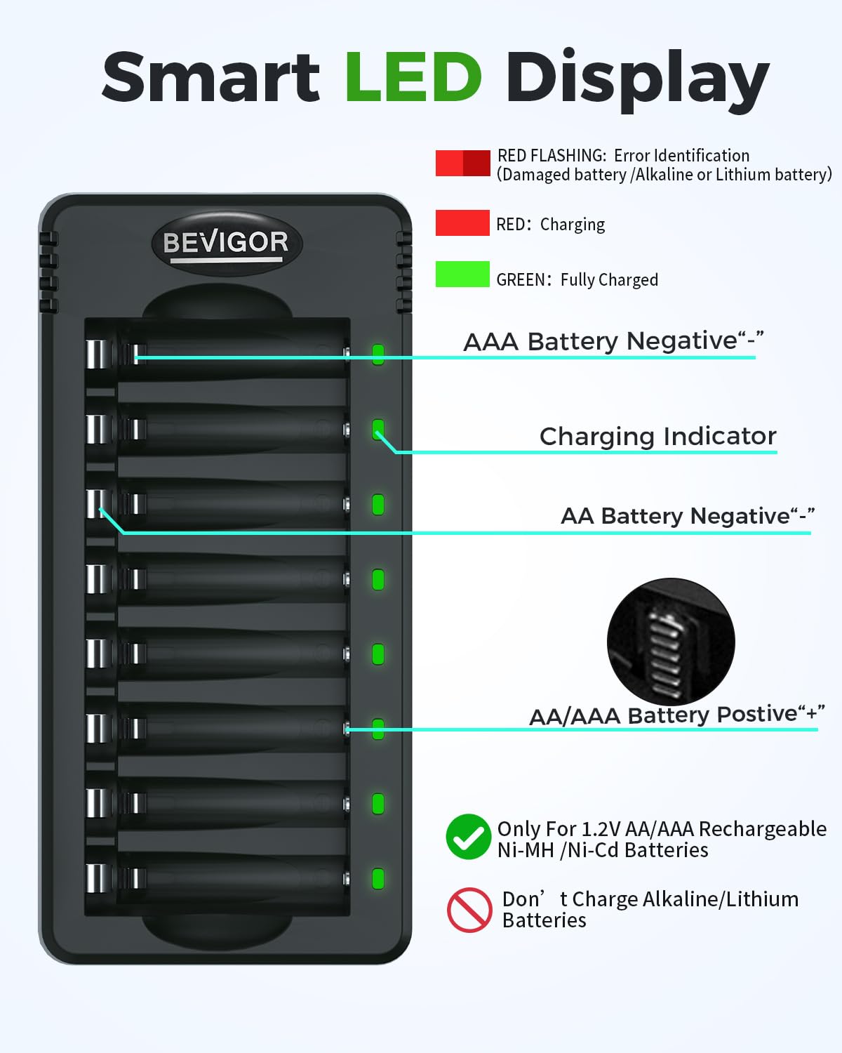 BEVIGOR 8 Bay AA AAA Battery Charger, Independent Slot Charger with LED Light, USB High Speed Charging, for Ni-MH Ni-CD Rechargeable Batteries, No Adapter