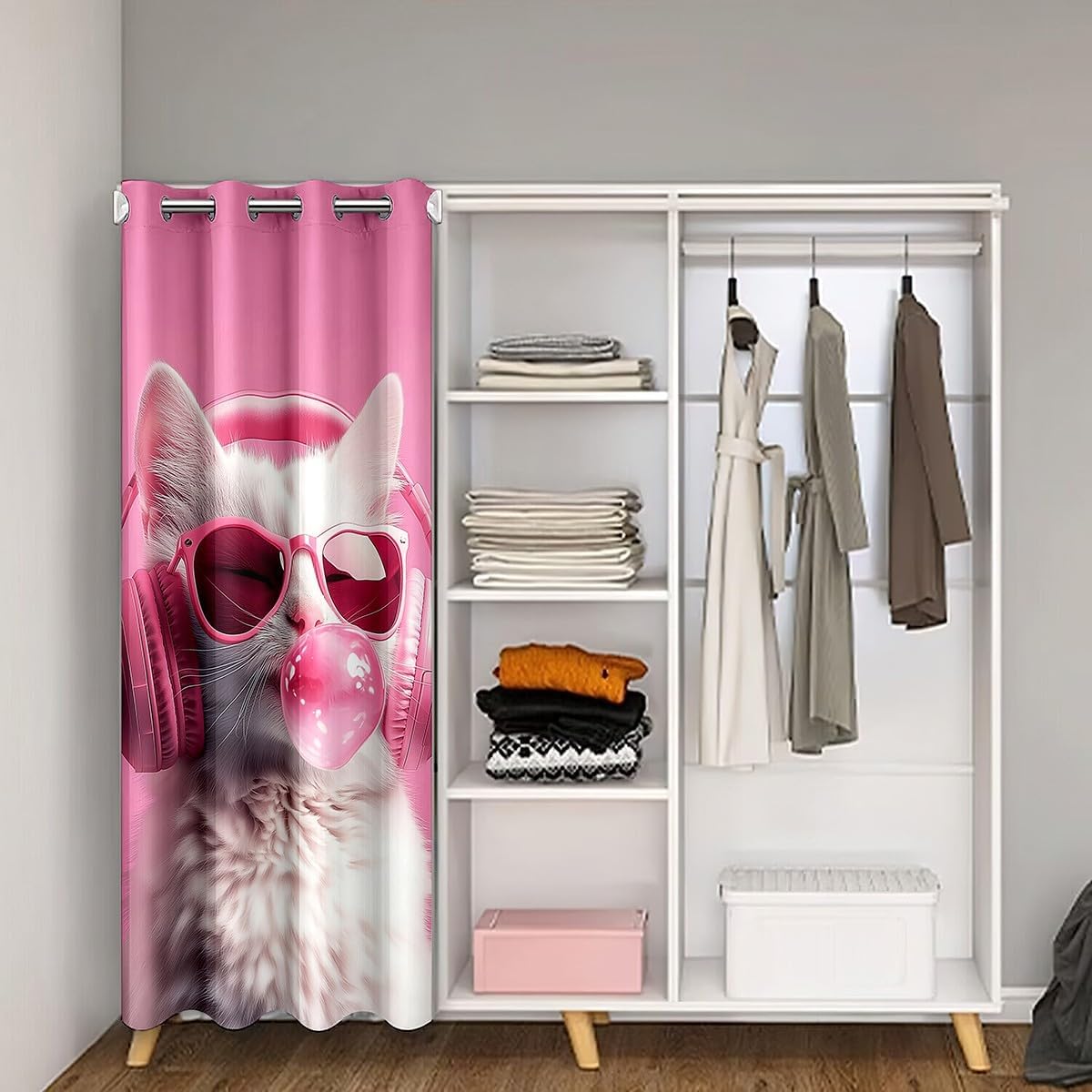 Manfei Cute Cat Kids Door Curtain,Headphones Rustic Natural Blackout Curtain,Funny Animal Cartoon Pet Bedroom Doorway Living Room Decor,Pink White Privacy Door Drape 1 Panel,42" W X 80" L image 2