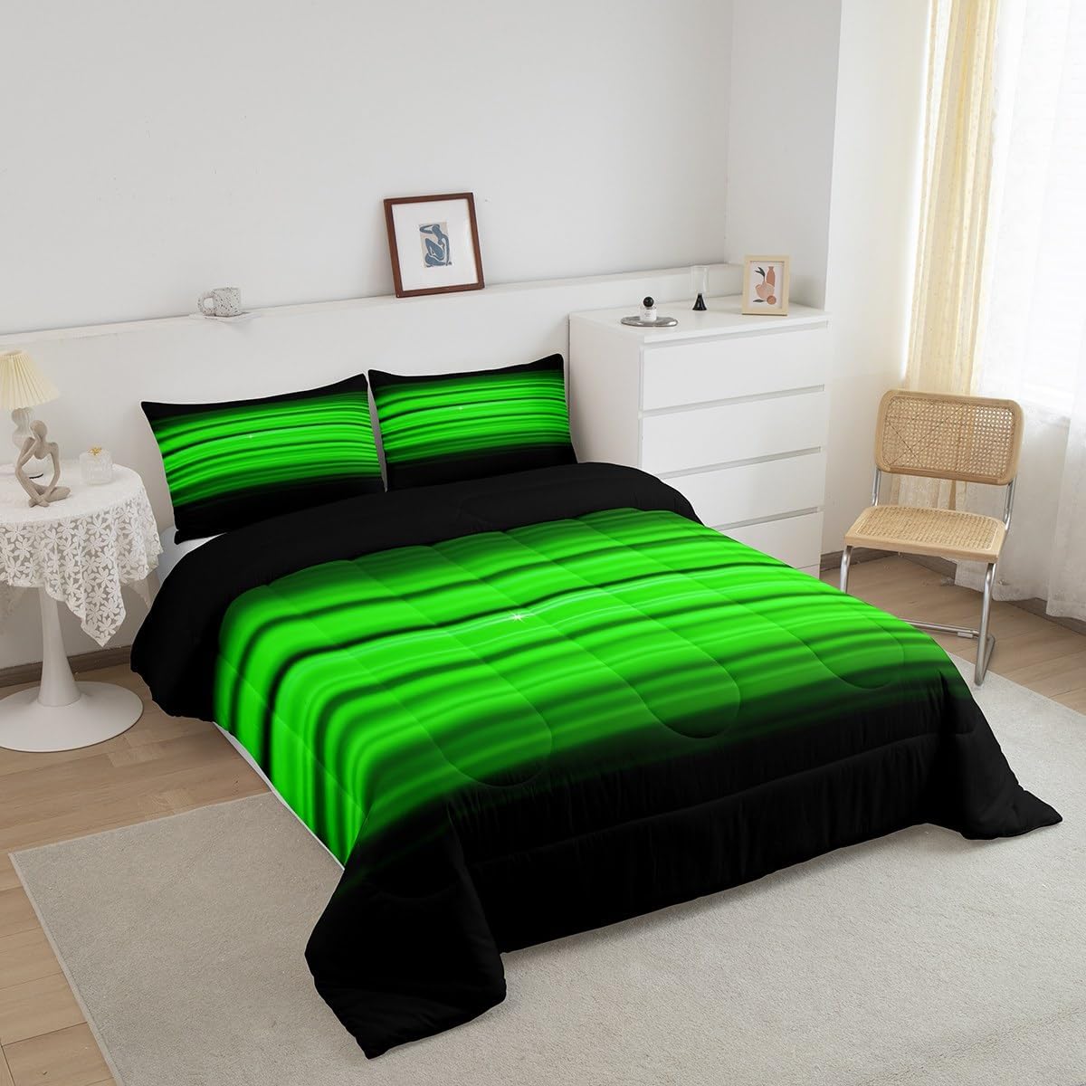 Erosebridal Boys Black Green Comforter Set Neon Ombre Abstract Queen Bedding Sets for Kids Teen,Geometric Stripe Bedding Comforter Sets Modern Quilt Duvet Insert 2 Pillow Cases Bedroom Decor