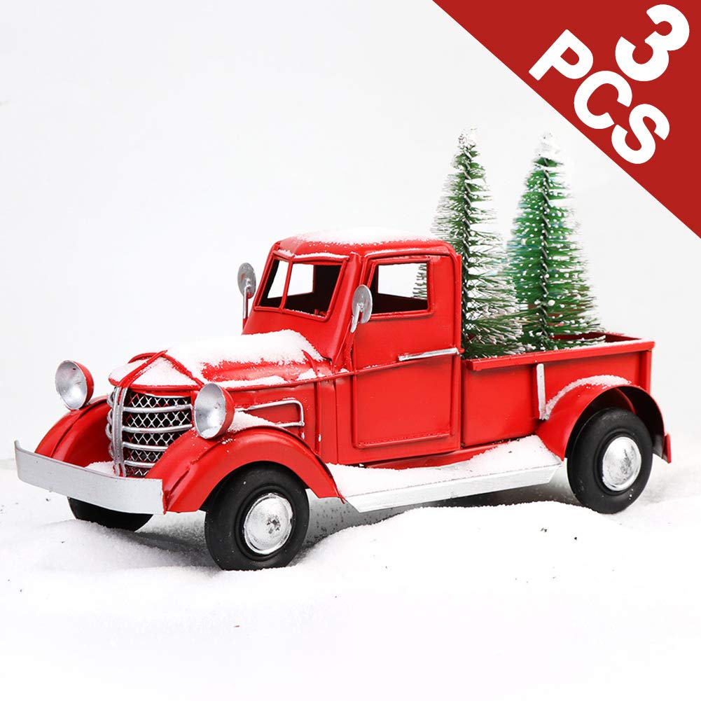 vintage metal red truck with christmas tree
