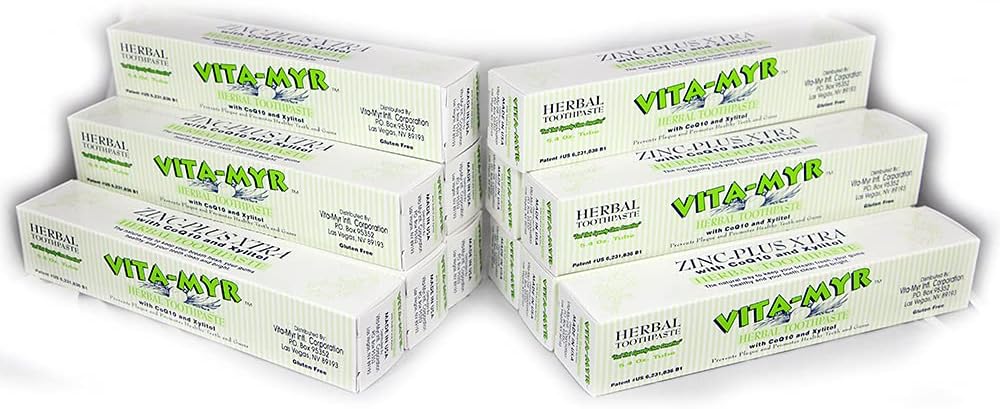 Vita-Myr Zinc+ 5.4 Ounce Toothpaste,No Sugar,No Fluoride, Gluten Free, SLS Free No Alcohol,No Saccharin No Artificial Sweetener/Color,Made in USA.5.4 Ounce Pack of 12