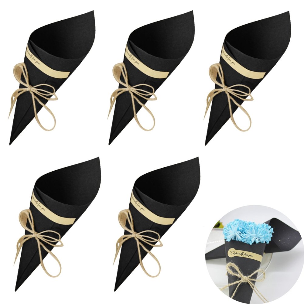 Sumshy 50 PCS Black Wedding Rice Cones Holder, DIY Kraft Paper Cones with Hemp Ropes & Sticker for Confetti Bouquet Wrapping Candy - Table Decor, Invitation Card for Communion Baptism