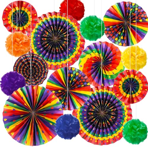 Outus 21 Pcs Gay Pride Hanging Paper Fans Decorations Rainbow Love Heart Paper Fans Gay Pride Themed Tissue Paper Pom Poms for Pride Rainbow Party LGBT Celebration Decorations