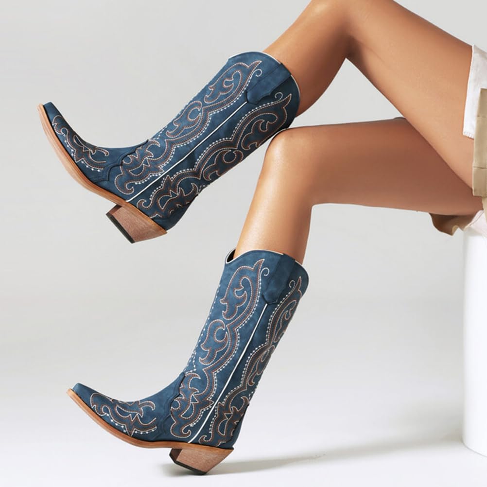 Stivali Cowboy Donna Western in Camoscio Blu Navy con Ricamo Tacco Largo in Legno Stile Country Rodeo Danza