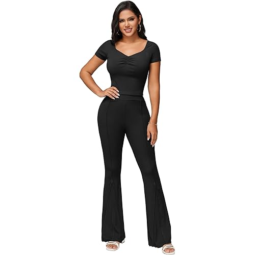 Aladeno Women's 2 Piece Lounge Outfits Slim V Neck Short Sleeve Tops Flare Leggings Sets Yoga Sweatsuit