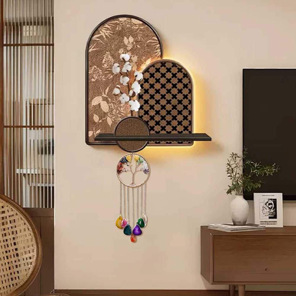 7 Chakra Windspiel Lebensbaum aus Naturstein Achat Scheiben | Handgemachtes Kristall Windspiel für Garten Draußen & Innen, Edelstein Wand-Deko & Fenster-Ornament Mehrfarbig