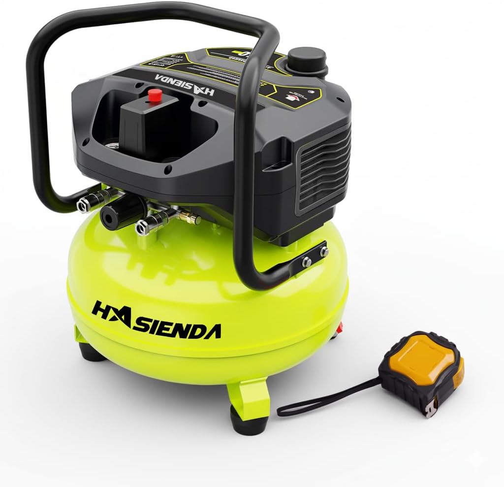 6 Gallon Portable Air Compressor, 150 PSI Max, Oil-Free Pancake Compressor for Garage & Home, with a Long-Life Brushless Motor for Tire Inflation, Nailing, and Painting (tape measure Bundle)