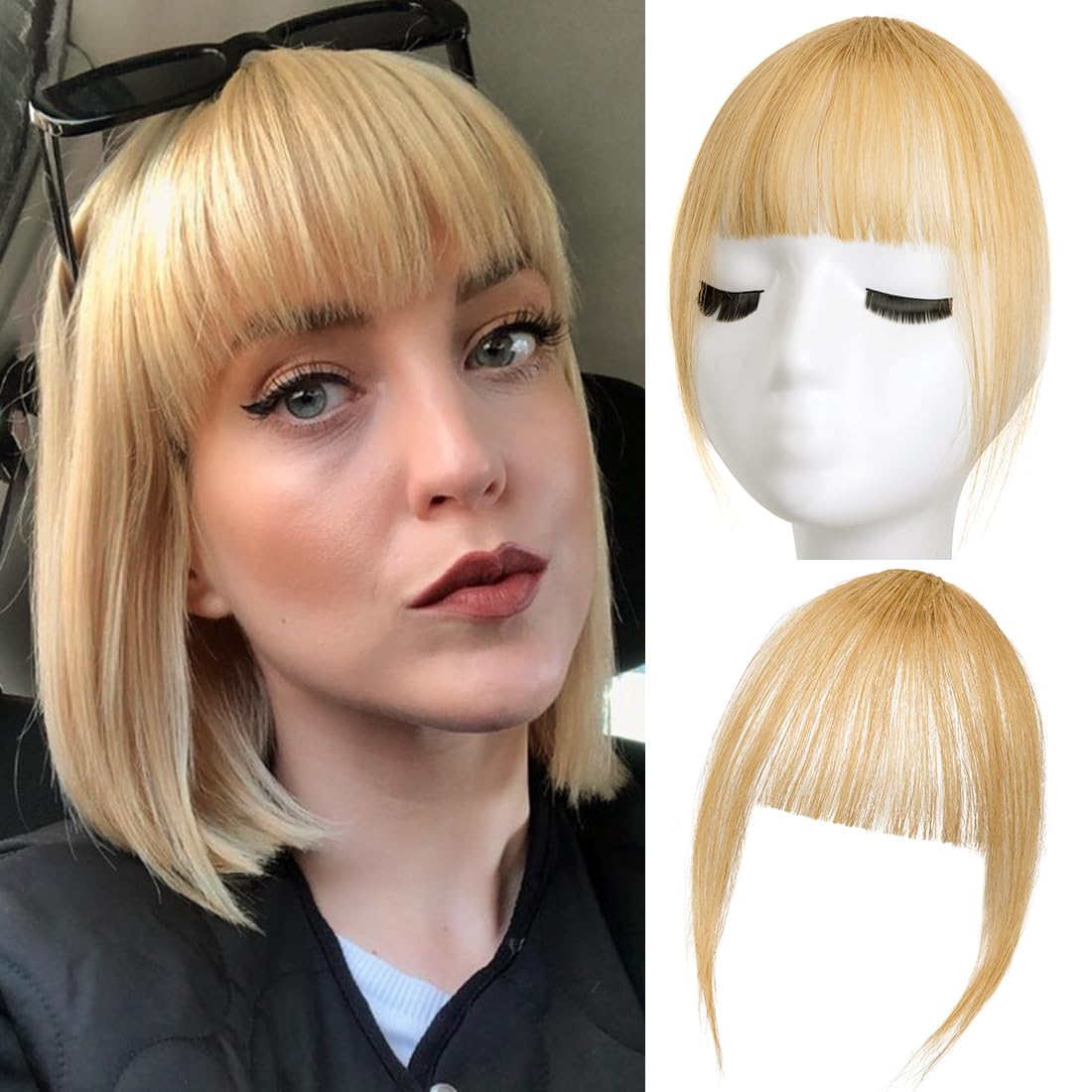 Clip-in-Haarverlängerung, 100% Echthaar, französischer Pony, für Damen, Kunsthaarverlängerung, Pony mit Bügeln (Blonde3)
