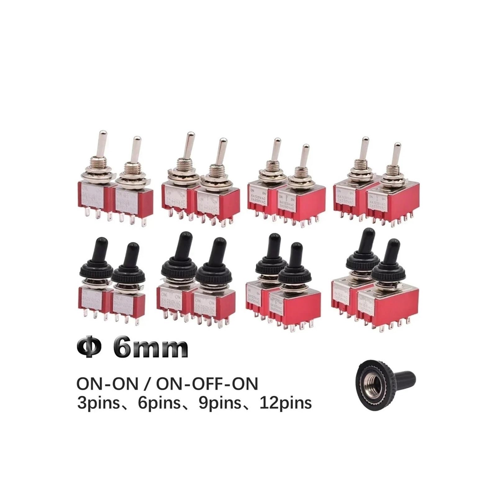Interruptor de palanca impermeable Mini interruptor de palanca SPDT/DPDT rojo de 2 y 3 posiciones con tapa impermeable (5 unidades, 10 unidades)(12 Pins No Cap,10PCS,ON-ON)