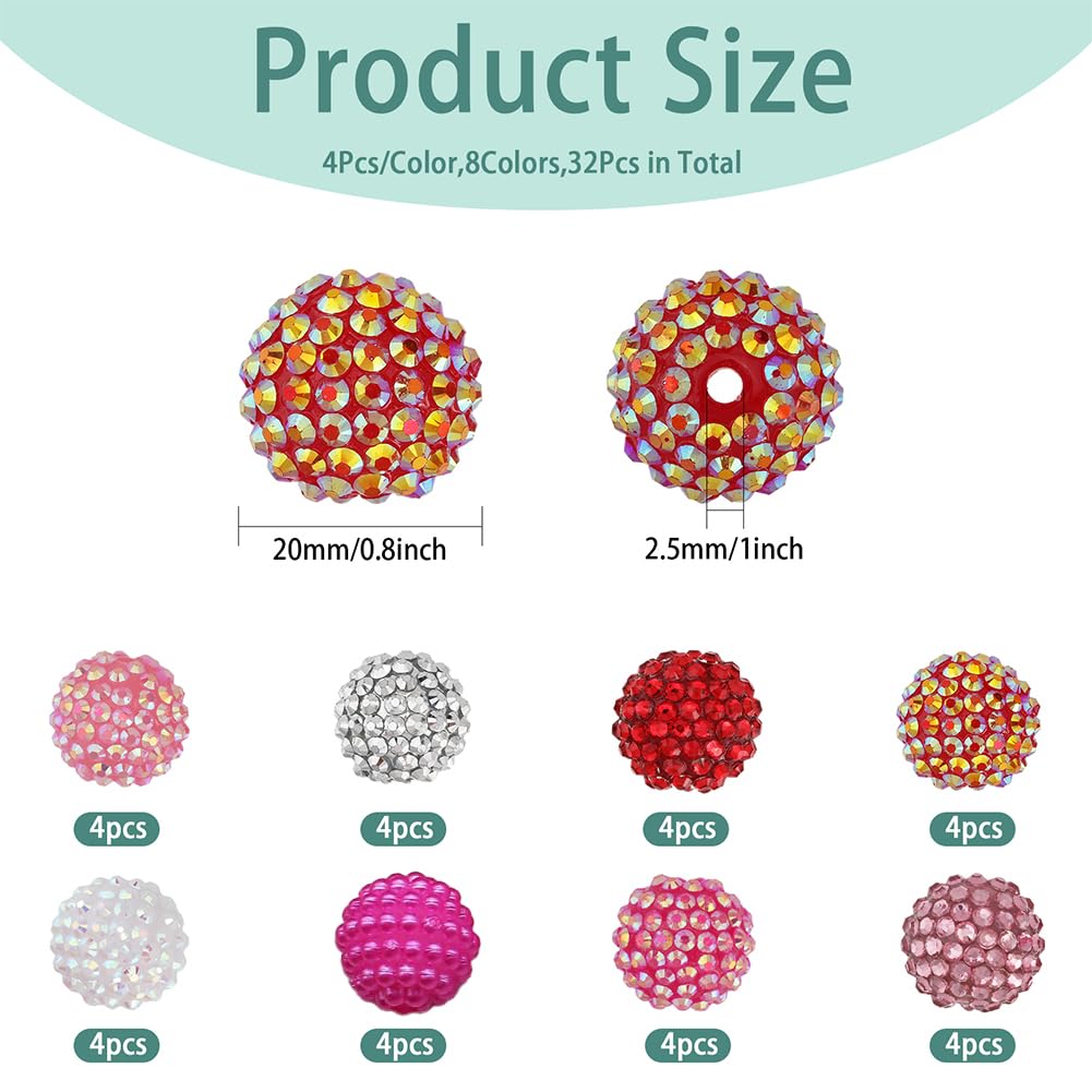 CHGCRAFT - Lote de 32 perlas de bola de 8 colores, color rosa de 0,8 pulgadas, cuentas de diamantes de imitación de resina, perlas de bola de goma para la fabricación de joyas de pulsera, collar,