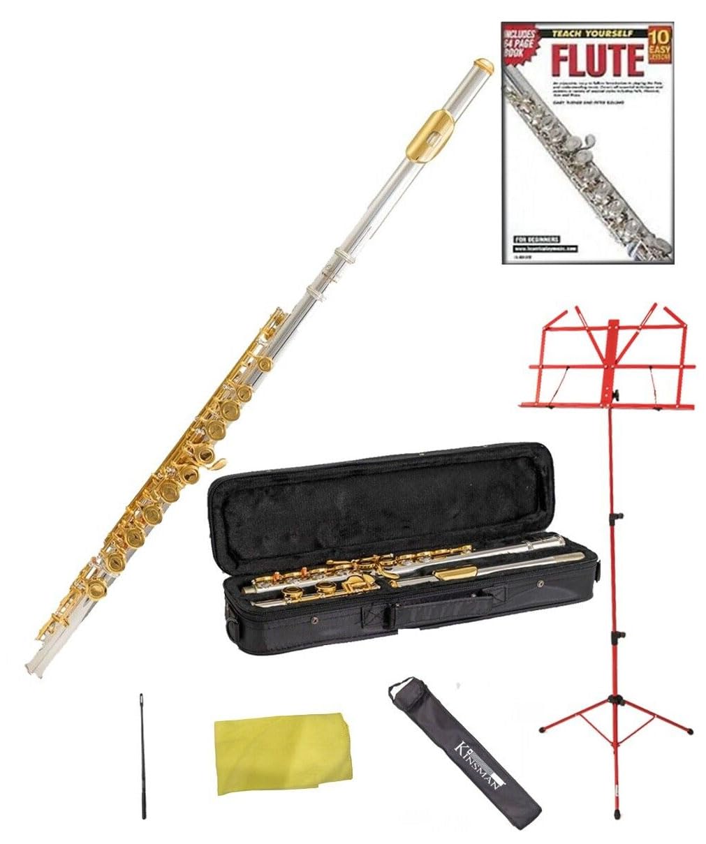 Elkhart by Vincent Bach Silver Flute Pack includes Flute, Case with Shoulder Straps, Music Stand, Learn to Play Flute - 10 Easy Lessons DVD and 64 Page Booklet, Cleaning Rod and Microfiber Cloth