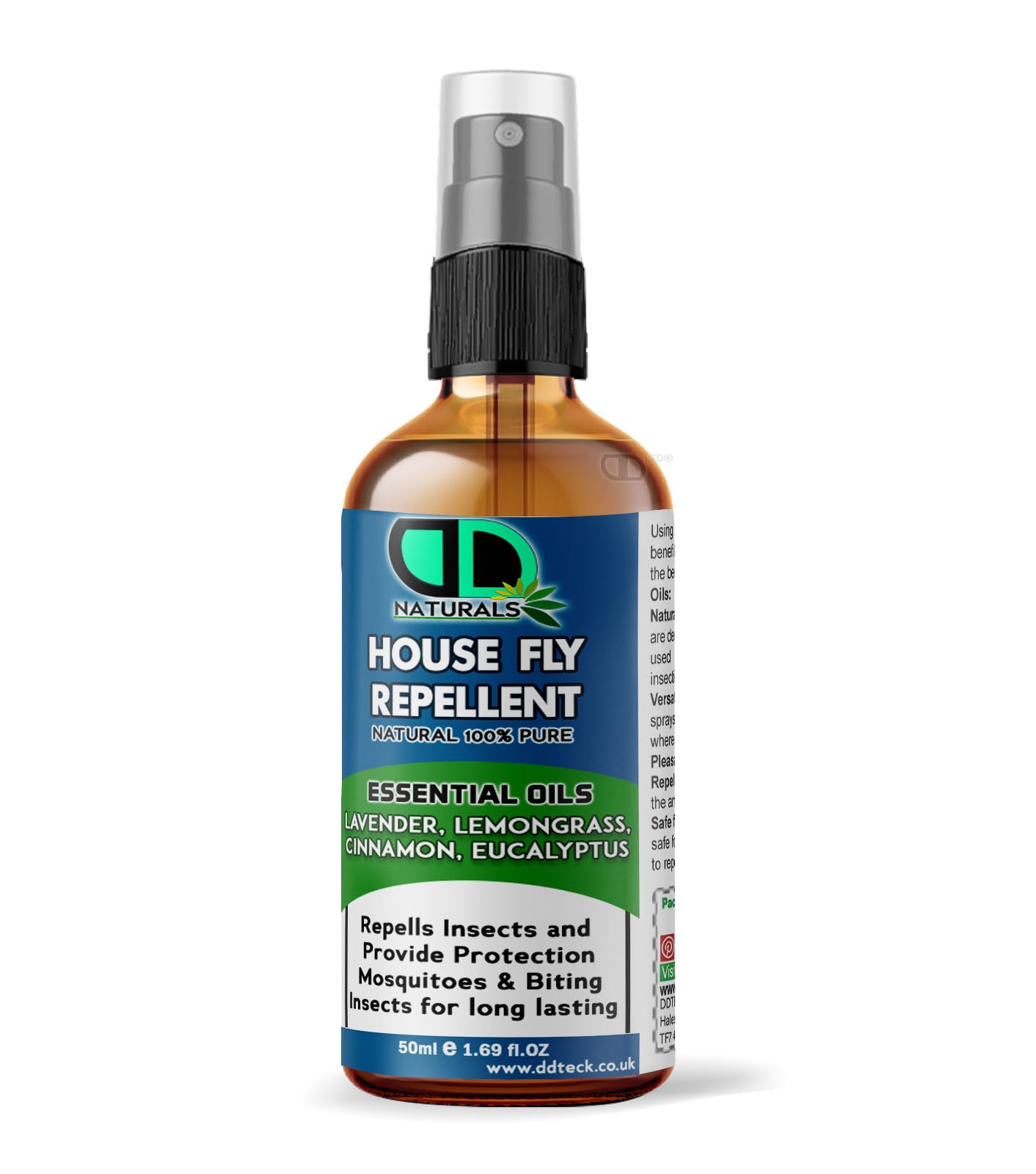 DD Teck House Fly Insect Repellent with Lavender, Lemongrass, Eucalyptus & Cinnamon Essential Oil | Long-Lasting Protection | Family & Pet Safe, Body Oil Deet Free (50ml Glass Spray)