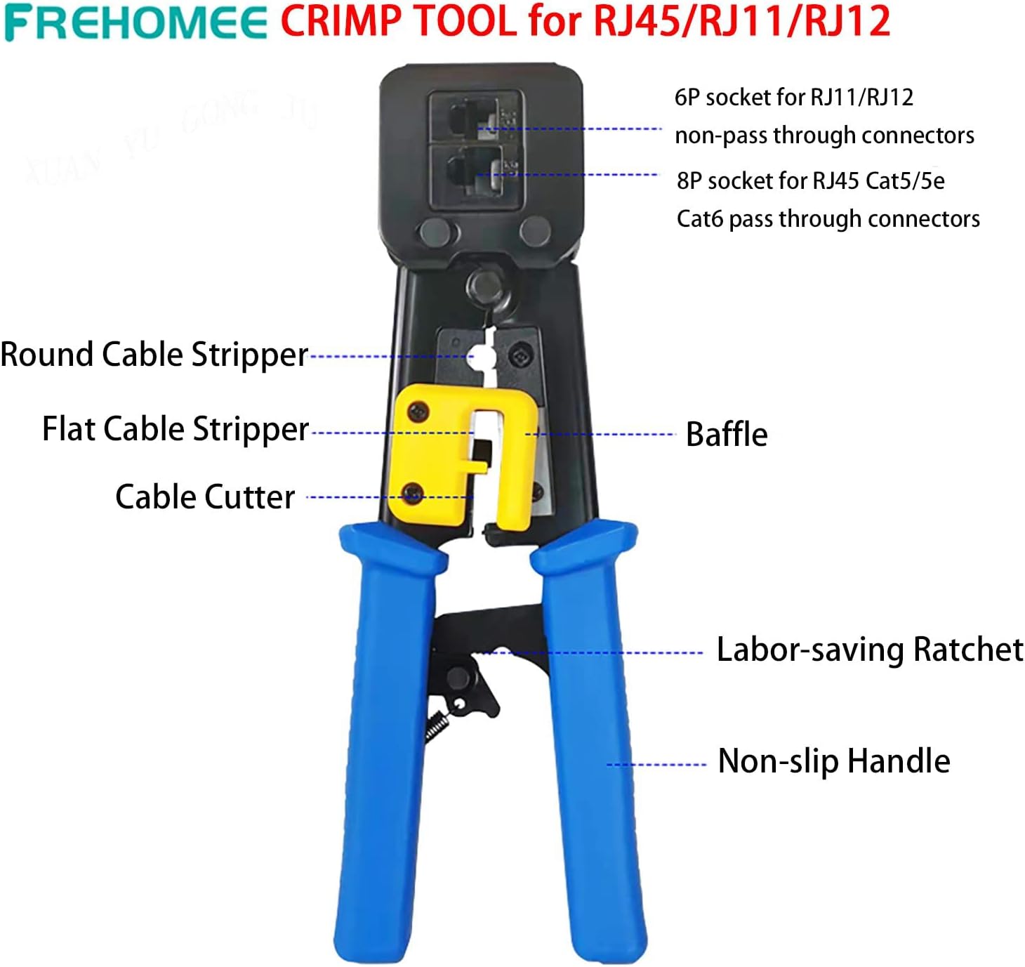 RJ45 Crimping tool Kit for cat5,cat5e,cat6e,8P RJ45 ethernet cable,6P RJ11/RJ12 cable together with 20pcs cat6e pass-through connectors and 20 pcs covers,1 wire stripper (Blue)