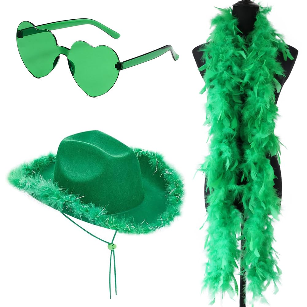 FCXVXCL Cowboy Hat 3PCS Cowgirl Hat with Heart Glasses Feather Trim Wide Brim Cowgirl Hats Women Cowboy Costume Accessory for Costume Party Play Dress Up Cosplay Bachelorette Party (Green) — image 1