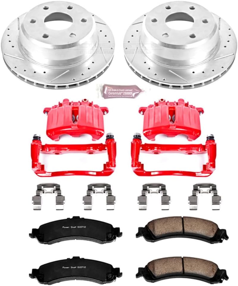 PowerStop Rear Brake Kit For Cadillac Escalade 2002-06 |Escalade ESV 2003-06 - Powder Coated Calipers + Carbon Fiber Ceramic Brake Pads + Drilled & Slotted Rotors Upgrade, KC2046