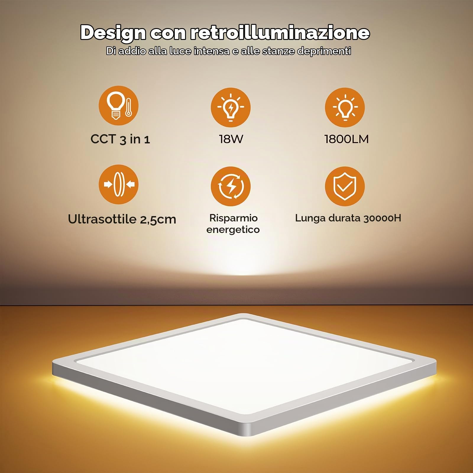 BLNAN LED Plafoniera, 18W plafoniera piatta bianco caldo neutro freddo 3000K/4000K/5000K, pannello con retroilluminazione, 1800lm per corridoio, camera da letto, balcone - ultrasottile moderno 22cm