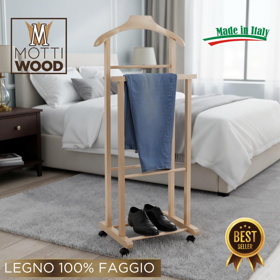 Mottinox 2 Indossatori Appendiabiti Da Camera, Legno Faggio Naturale, Servo Muto Doppio con 4 Ruote