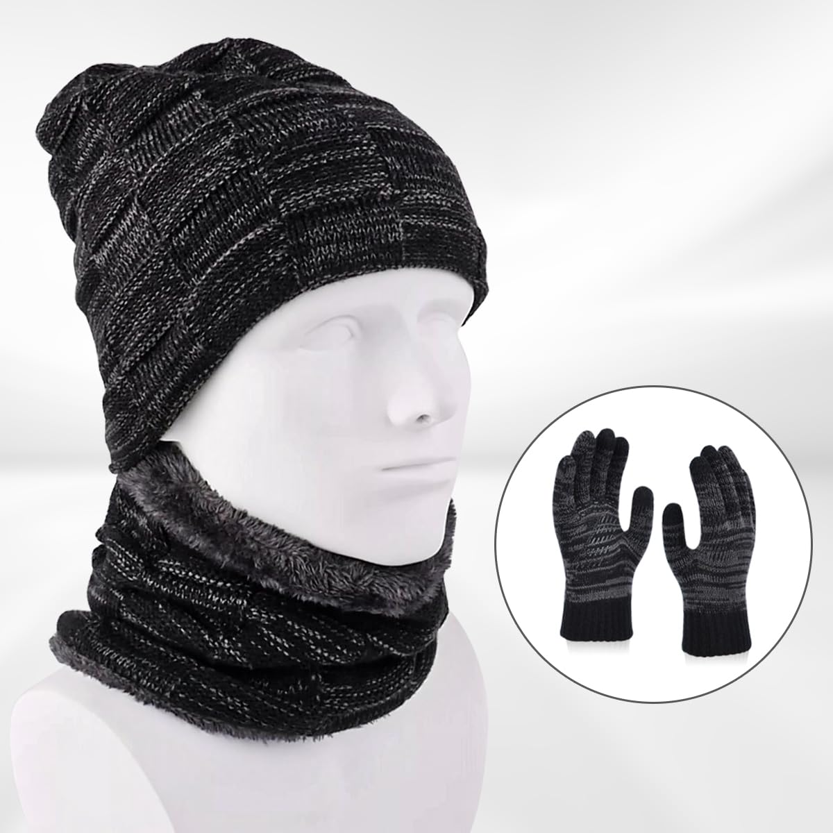Herren 3-teiliges Wintermütze, Schal und Touchscreen-Handschuhe, Strickmütze, Halswärmer mit Fleece gefüttert