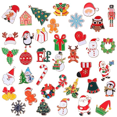 Image of Giegxin 40 Pcs Christmas Enamel Pins Bulk Mixed Enamel Brooch Pin Set Christmas Tree Snowman Snowflake Santa Xmas Lapel Brooch Pins Cute Holiday Cartoon Backpack Pin Badge for Women