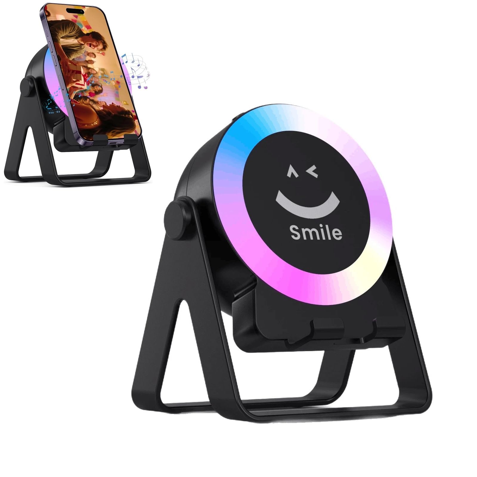 Altavoz de inducción inalámbrico 4 en 1, giratorio de 360°, altavoz Bluetooth, soporte para teléfono, altavoz RGB colorido, recargable, reproductor de audio portátil, luz LED (negro)