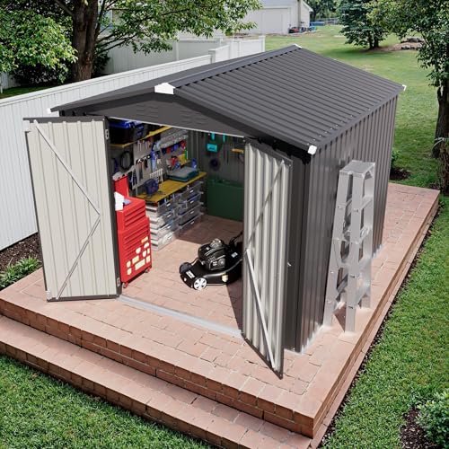 Image of JUMMICO 8x8 FT Outdoor Storage Shed, Tool Metal Sheds, Black | Lockable Door, Sloping Roof, Waterproof Utility Garden Shed for Backyard Patio Lawn, 7.5x7.5 FT