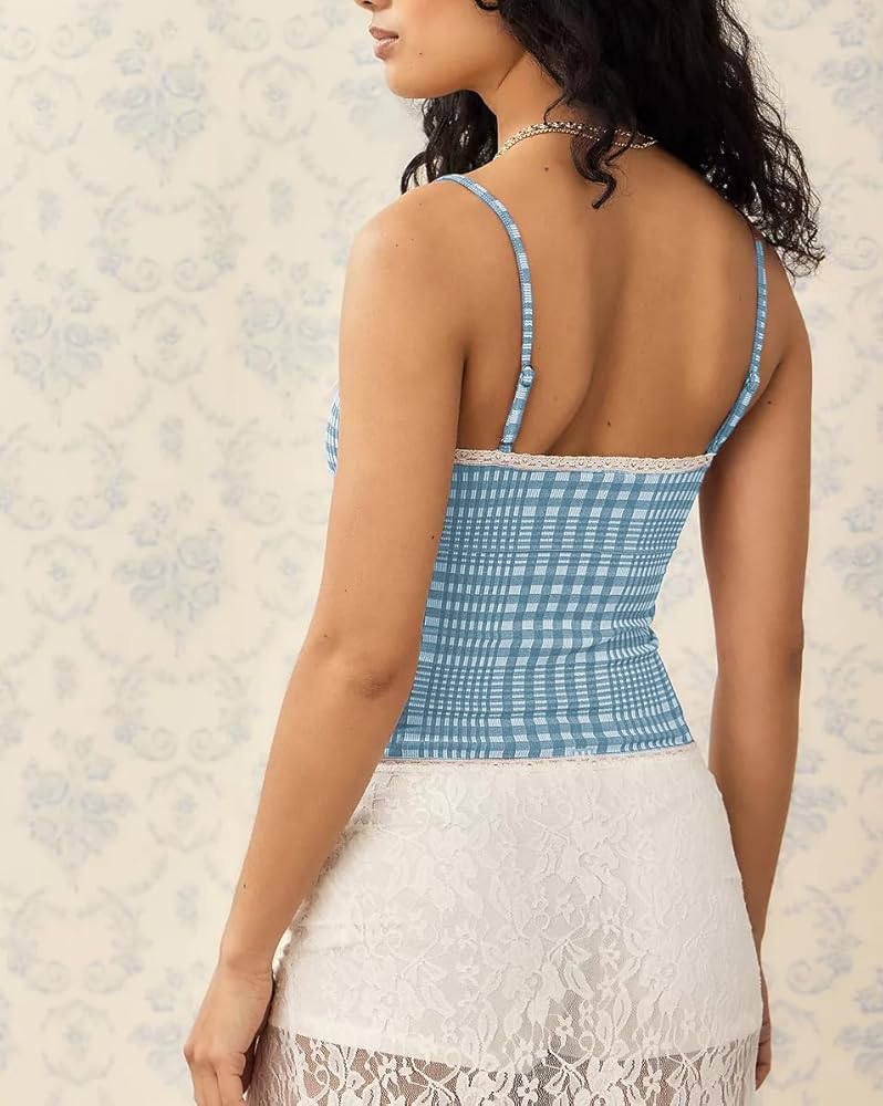 Women Y2k Plaid Tank Top Spaghetti Strap Peplum Camisole