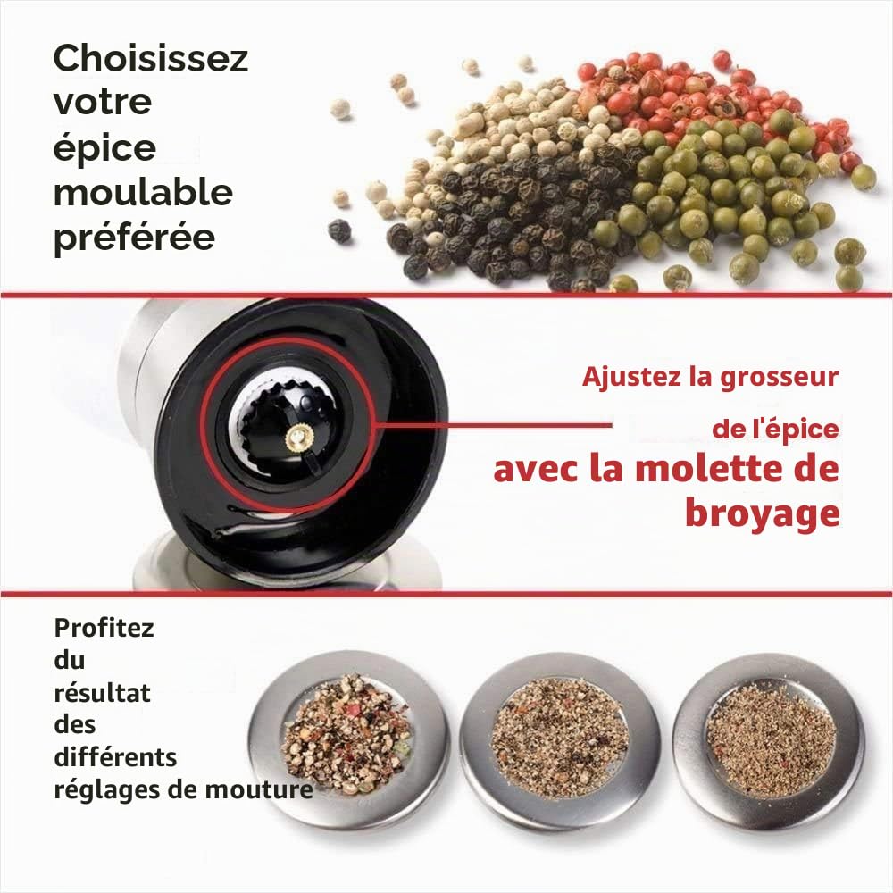 Moulin à poivre en acier inoxydable avec corps en verre, broyeur manuel en céramique réglable pour épices et herbes