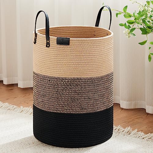 Image of VIPOSCO 100L Tall Woven Rope Laundry Hamper, Leather Handles, Brown & Black | Large Wicker Laundry Basket for Dirty Clothes, Blanket, Toy, Towel, Yoga Mat, Storage Bin in Bedroom, Bathroom, Living Room