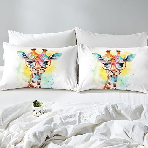 Miniatura 5 de Sábana bajera ajustable de jirafa de acuarela para niños, tamaño individual, juego de ropa de cama de animales de dibujos animados, decoración de