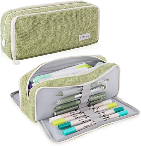 Miniatura 11 de iSuperb - Estuche grande para lápices con gran capacidad, de lona, con 3 compartimentos, bolsa para bolígrafos, bolsa de marcadores para Puntos