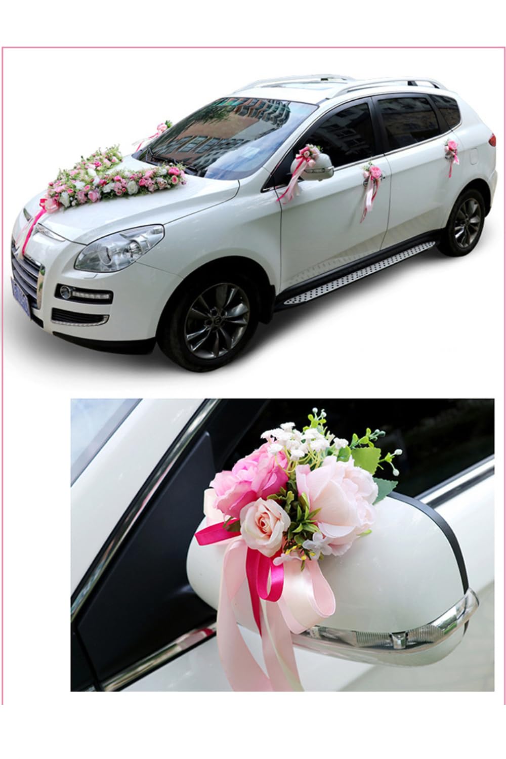 4 pezzi di decorazione floreale artificiale per porta a specchio per auto da esterno, decorazione floreale romantica per matrimonio, nastro, decorazione floreale finta  15