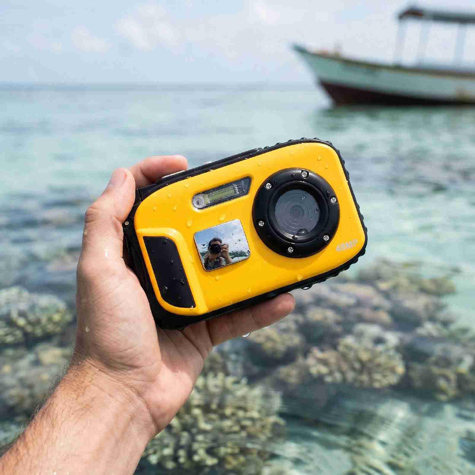 XUMIUZIY Fotocamera Subacquea 1080P 48MP, Resistente all'Acqua 5M, con Schermo Selfie (Yellow)