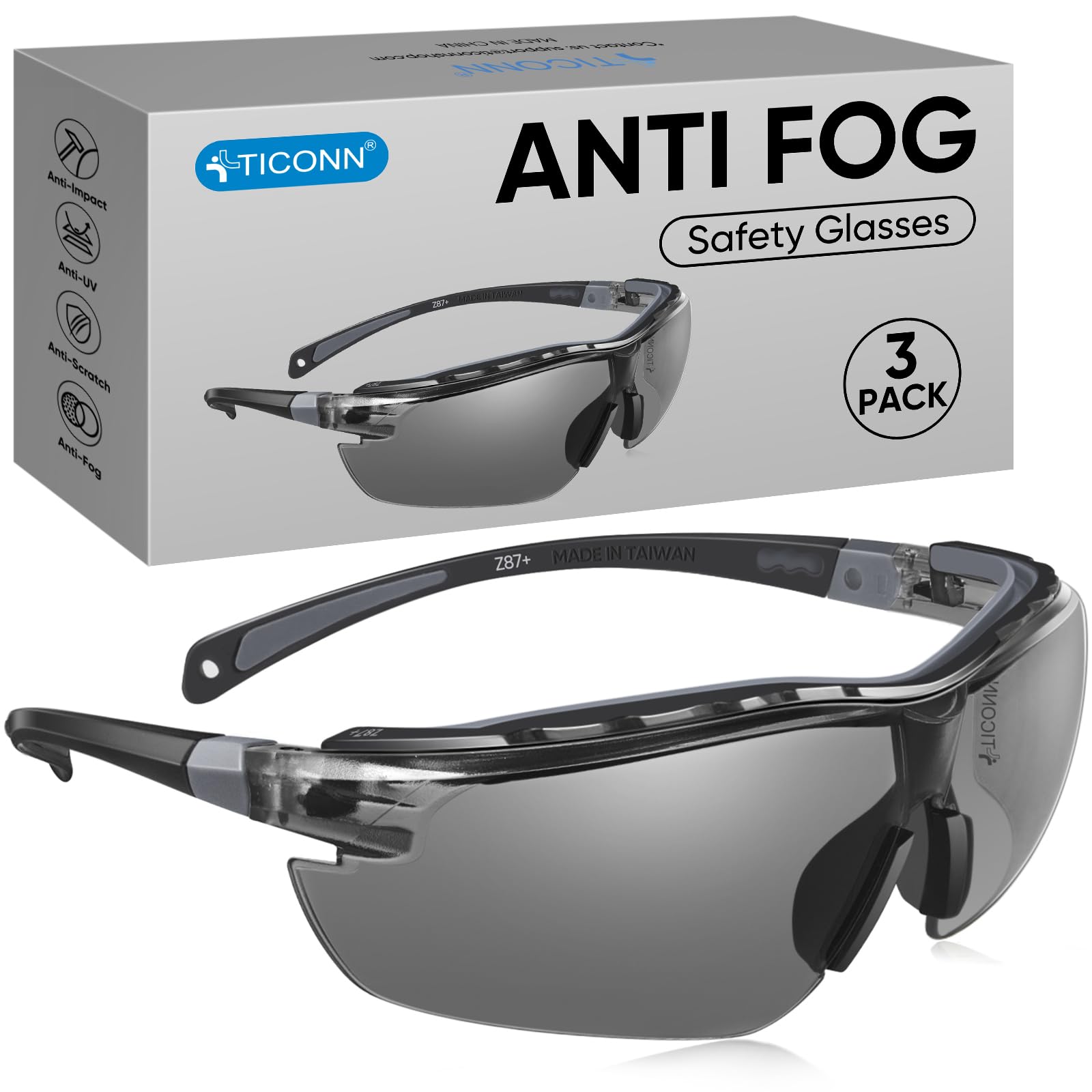 TICONN Occhiali di sicurezza per uomo e donna con braccia regolabili, ANSI Z87.1 anti-appannamento e antigraffio, protezione UV, lenti avvolgenti (grigio, 3 pezzi)