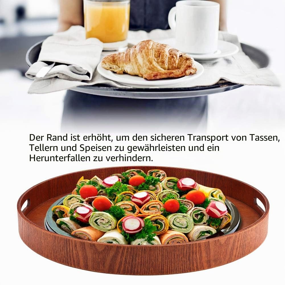 Pilipane Dekoratives Serviertablett aus Holz, 50 cm, rund, massiv mit Griff, Dichteplatte für Zuhause, Restaurant, 50 cm, rund, Holztablett, Kreis WooF