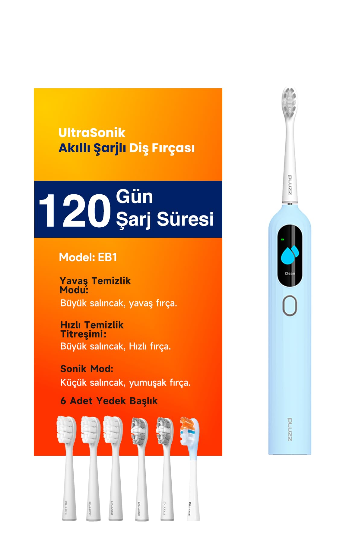 Pluzz Ultra Sonik Şarjlı Diş Fırçası 120 Gün Şarj Süresi 6 Adet Başlık (Mavi)