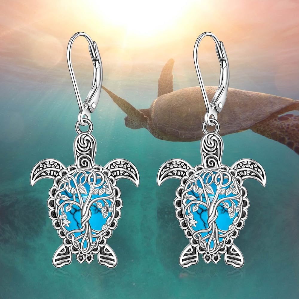 Sea Turtle Earrings Tree of Life Turquoise Turtle Earrings for Women Sterling Silver Turquoise Leverback Dangle Jewelry Christmas Gifts - Image 6
