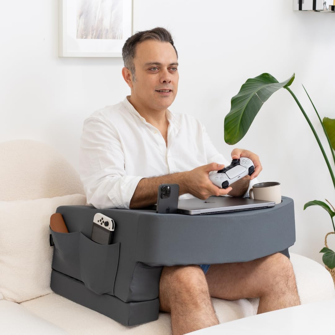 TabCouchCaddy TabCouchCaddy Reading Pillow for Gaming – Extra Large Lap Desk & Arm Rest with Cup & Phone Holder, Adjustable Heights, Laptop Support, Large Pockets – Comfortable for Work, Gaming & Crocheting (Grey)