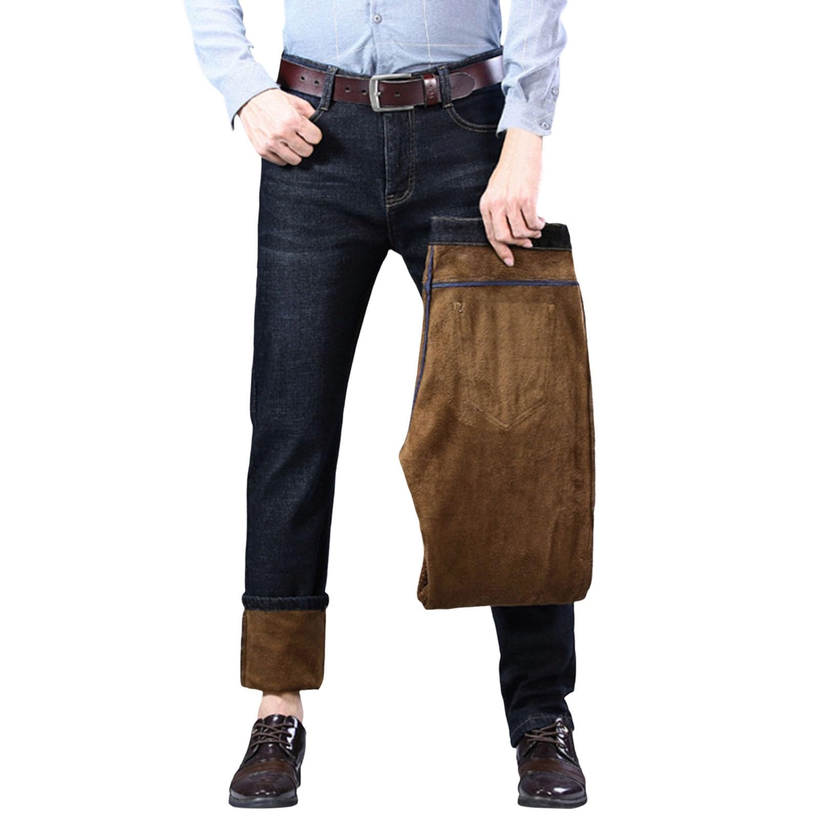 Generisch Pantaloni termici da uomo, pantaloni da neve, in pile Teddy, con imbottitura calda, gamba dritta, pile felpato, jeans termici