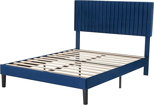 Miniatura 8 de SHA CERLIN - Base de cama con plataforma tapizada y cabecera ajustable de tela de terciopelo con capitoné de canal vertical, king, soporte de lamas