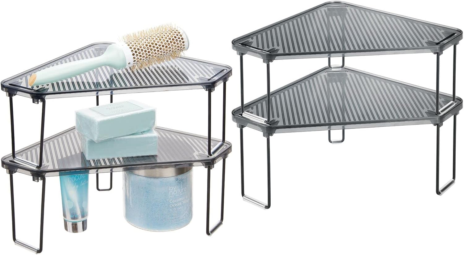 mDesign Plastic/Steel Corner Stackable Rack, Storage Organizer Shelf for Bathroom, Vanity, Countertop, Sink, Cabinet, Holds Makeup, Shower Accessories, Ligne Collection - 4 Pack - Black/Smoke Gray