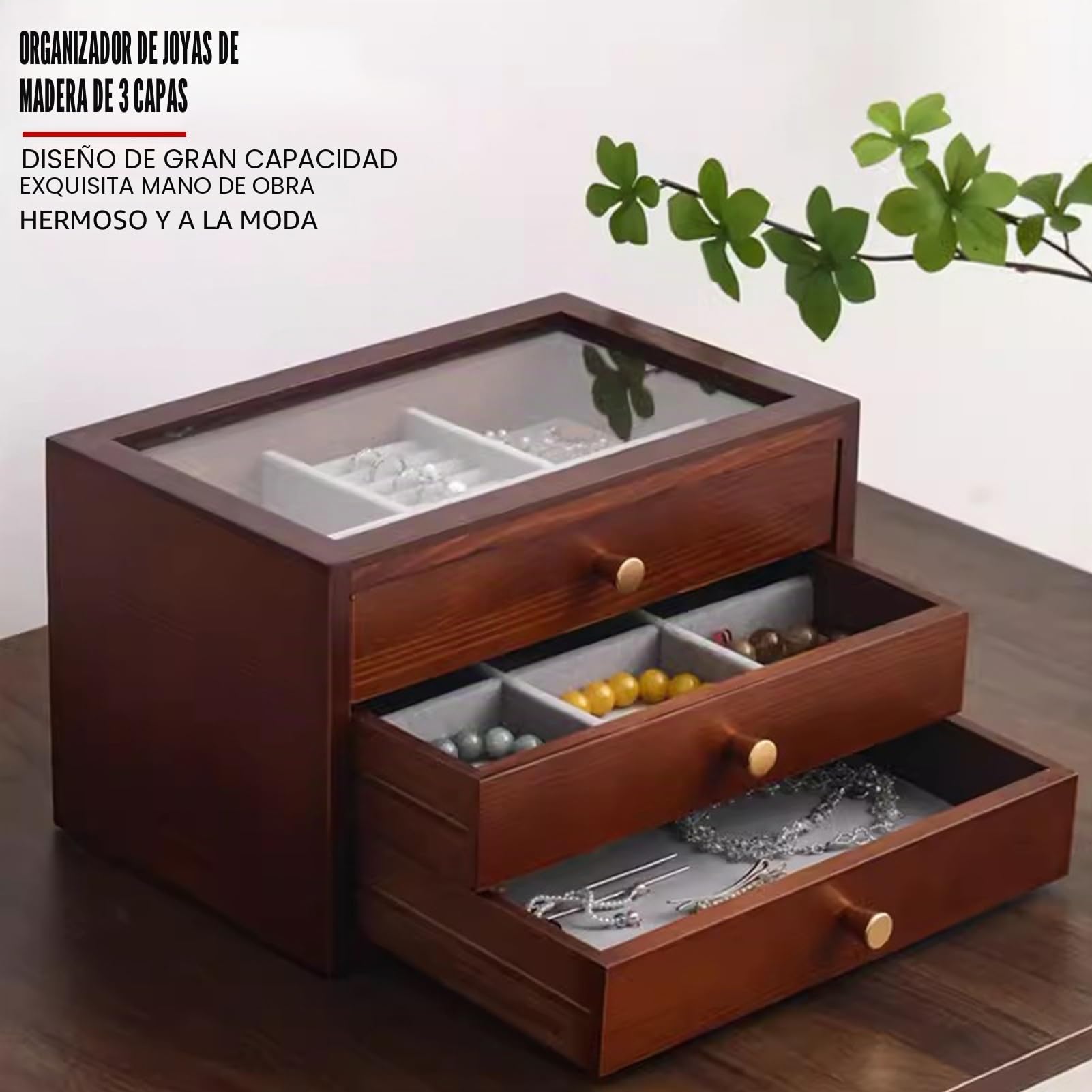 Joyero de Madera de 3 Capas para Mujeres - Cajas de joyería Grandes con 3 cajones, Caja de Almacenamiento de Joyas para Anillos, Pendientes, Pulseras, Collares(marrón)